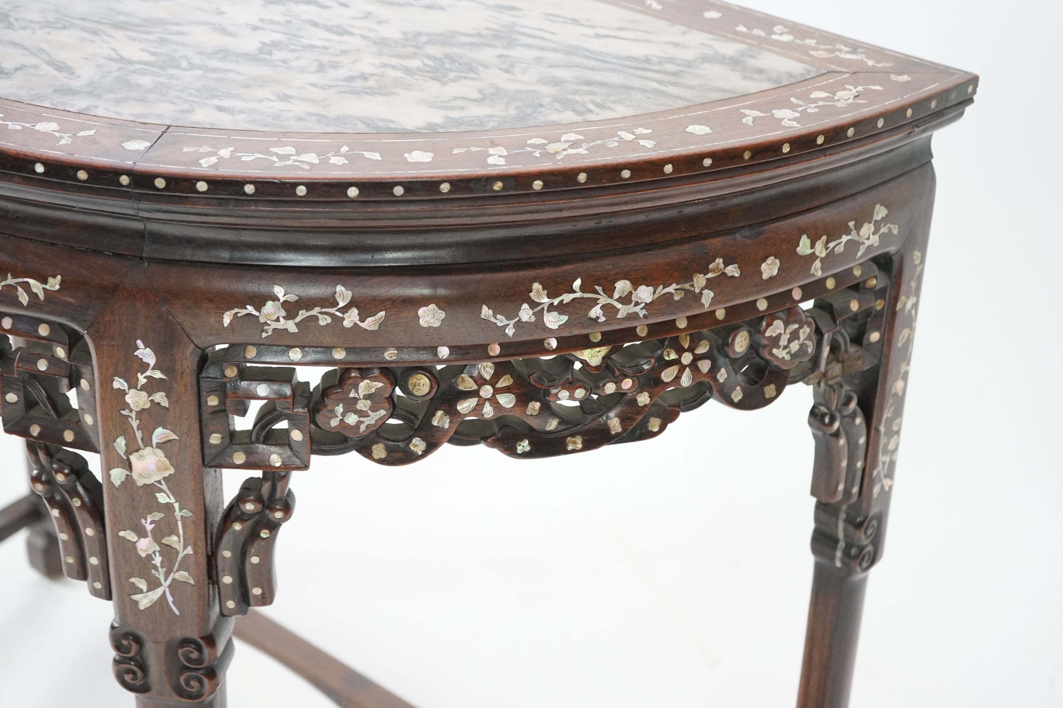 A Chinese hongmu and floral mother of pearl inlaid console table, late 19th/early 20th century